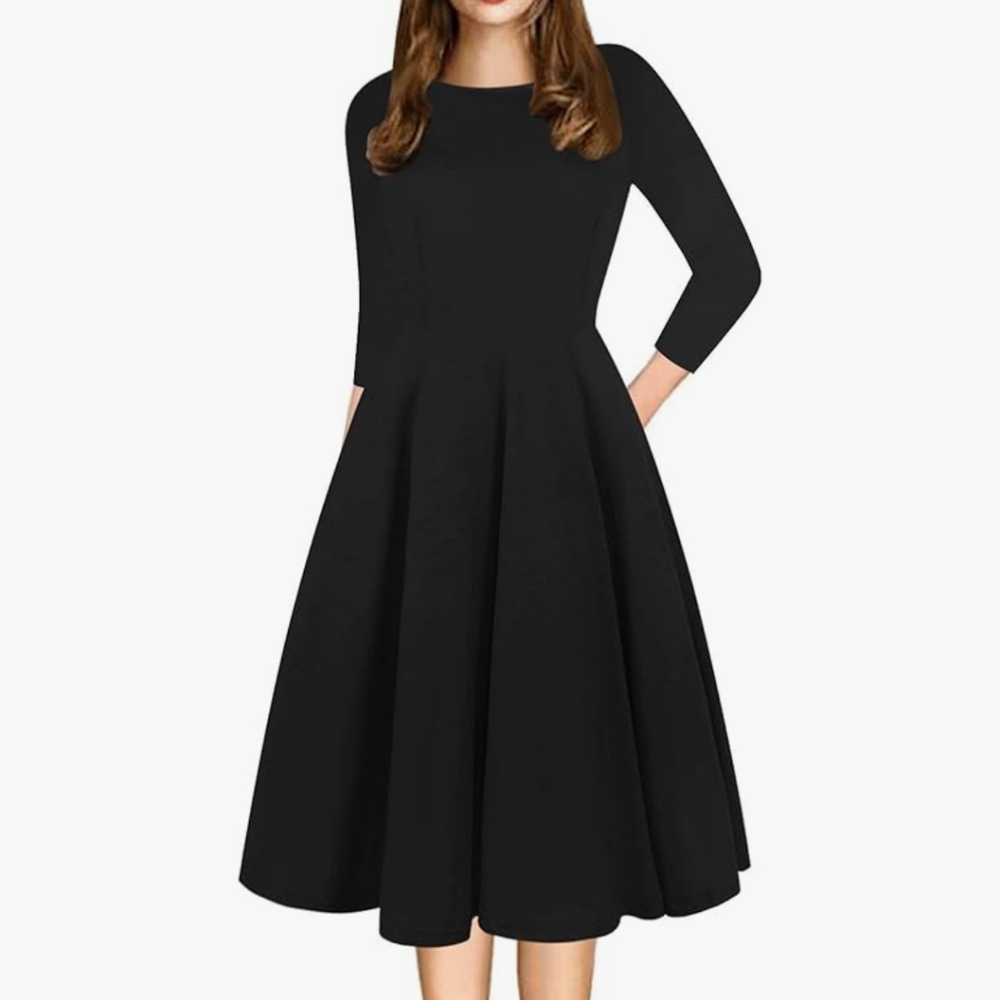 Black 3/4 Sleeve Dress With Pockets
